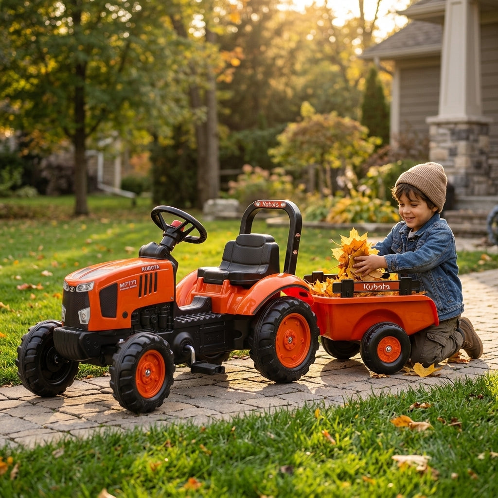 Igračka traktor Kubota u dvorištu dok dečak tovari suvo jesenje lišće u prikolicu