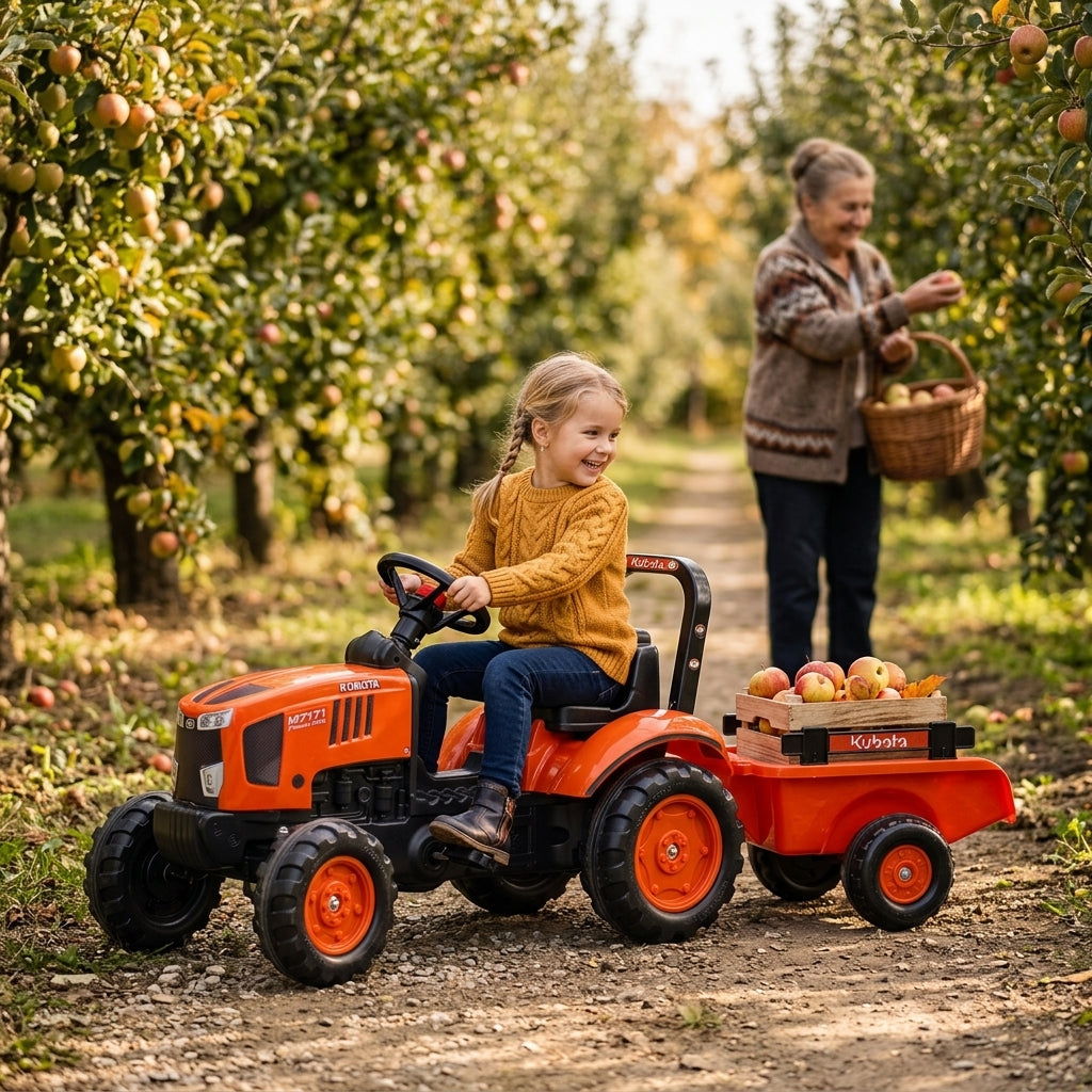 Igračka traktor Kubota vozi devojčica kroz seoski voćnjak u jesen