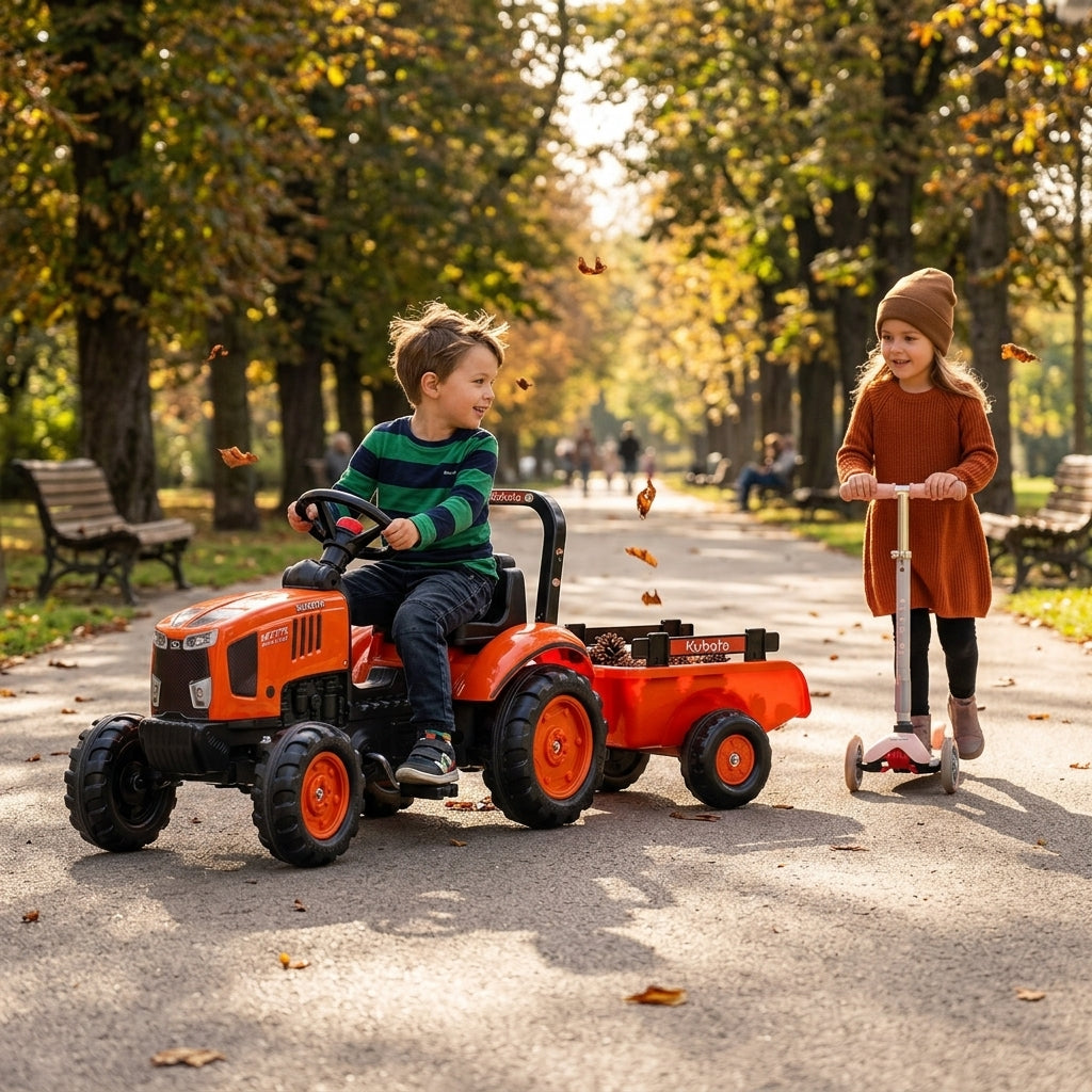 Igračka traktor Kubota na stazi u parku tokom vožnje sa drugaricom