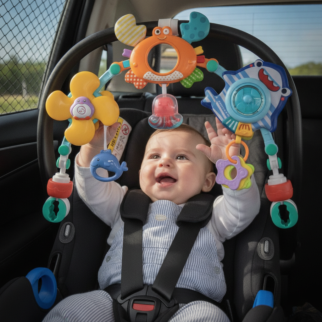 Zvečka za krevetić postavljena na ručku auto-sedišta za bebe tokom putovanja