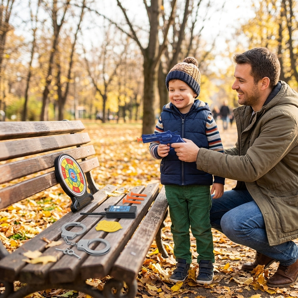 Igračka policijski pištolj set na klupi u jesenjem parku tokom igre oca i sina