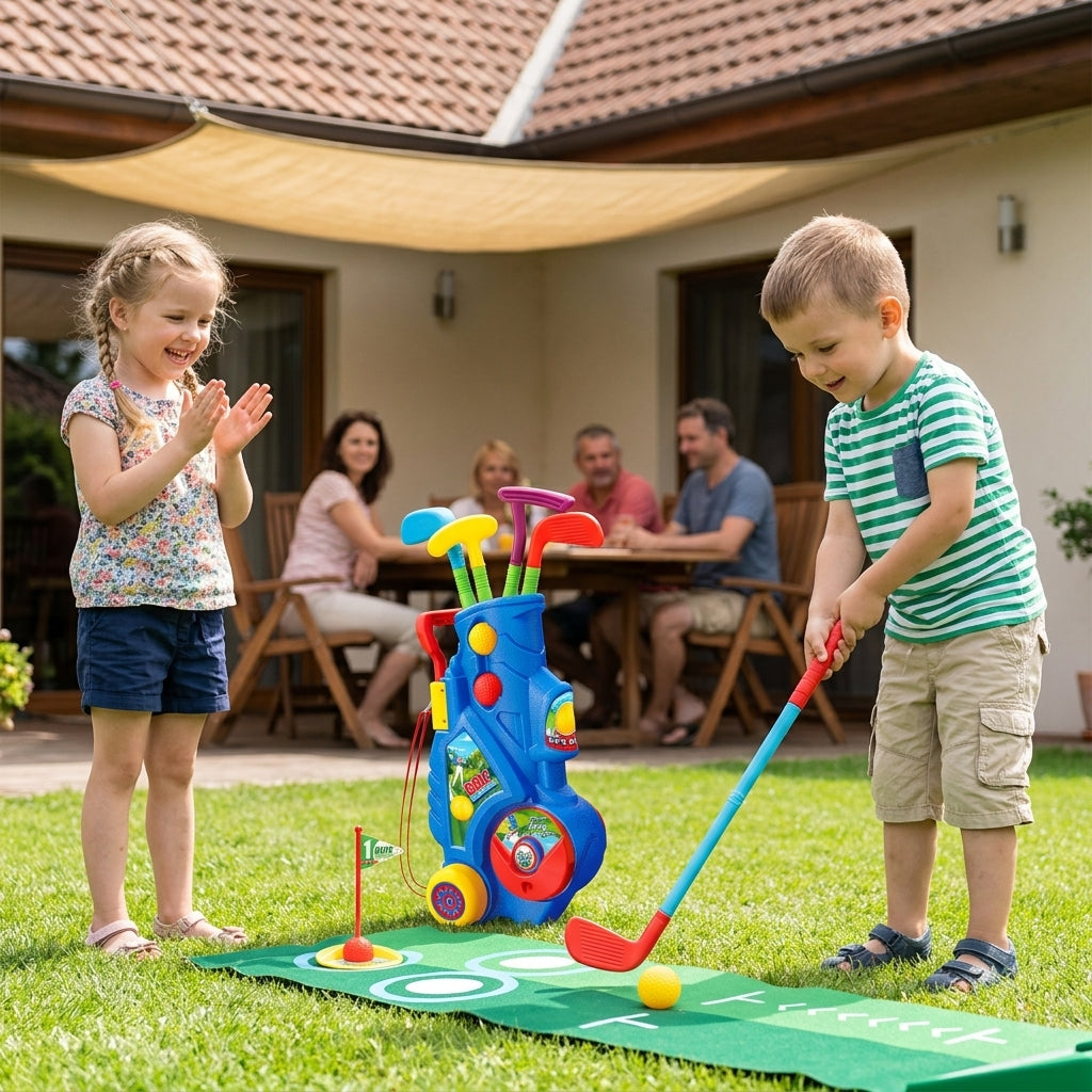 Dečji golf set u travi u dvorištu dok se dvoje dece igraju mini-golfa