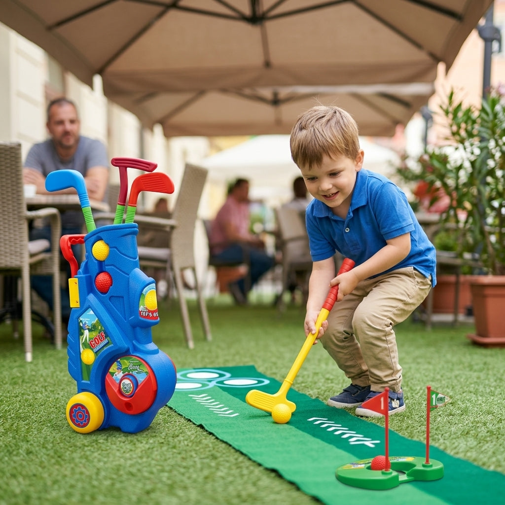 Dečji golf set sa zelenom podlogom i zastavicom na ravnoj podlozi u dečijem kutku