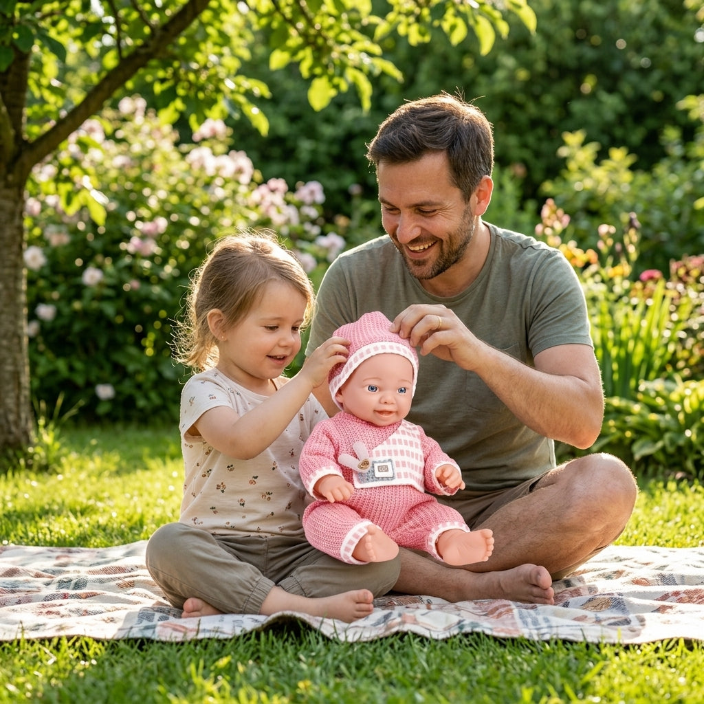 Lutka beba u roze odelu sa kapom u rukama devojčice dok se igra sa tatom u dvorištu