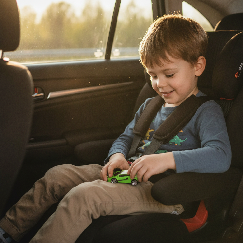 Trkački auto displej 12 komada u rukama dečaka u auto-sedištu tokom putovanja