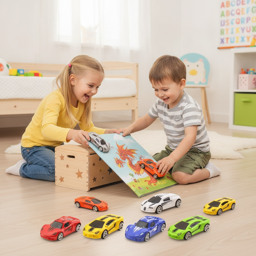 Trkački auto displej 12 komada tokom zajedničke igre brata i sestre u dečijoj sobi