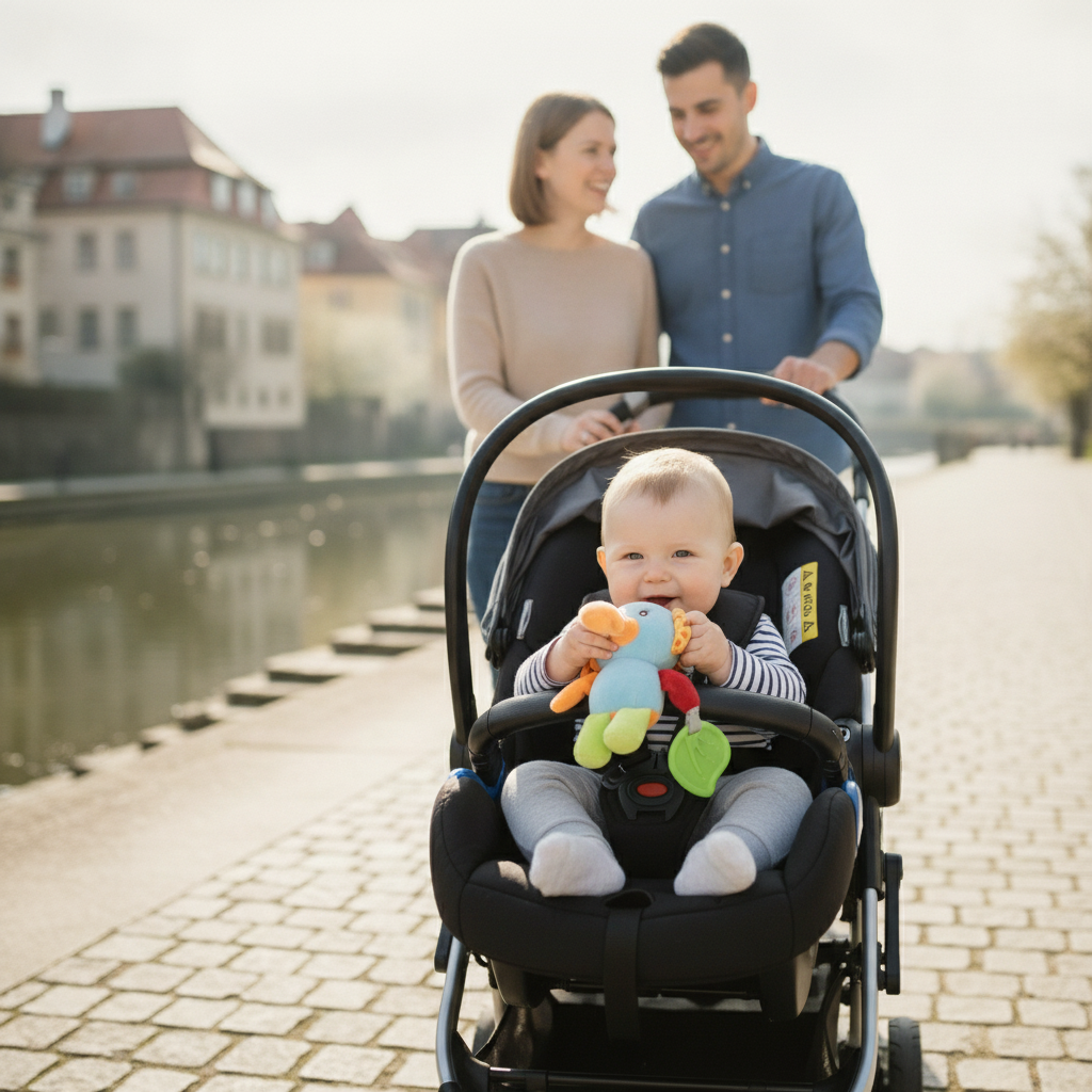 Zvečka za kolica miks sa motivom lavića zakačena za ručku auto-sedišta tokom porodičnog izleta
