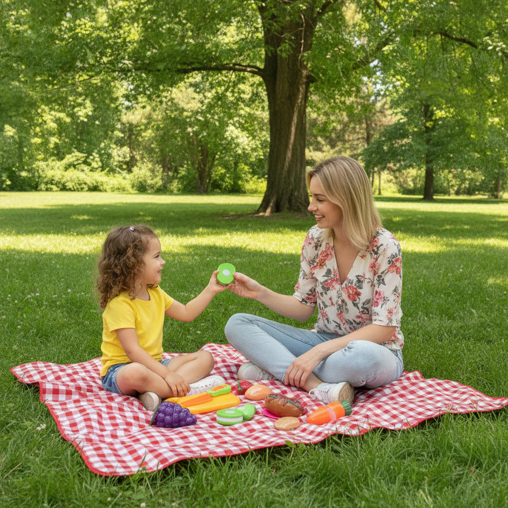Igračka voće za sečenje na piknik ćebetu u parku tokom igre sa mamom