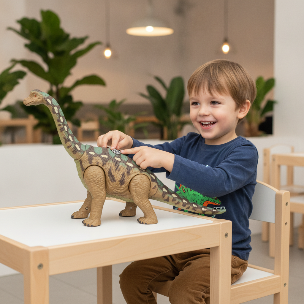 Igračka dinosaurus sa zvukom na drvenom stolu u dečijem kutku kafića gde se dečak igra