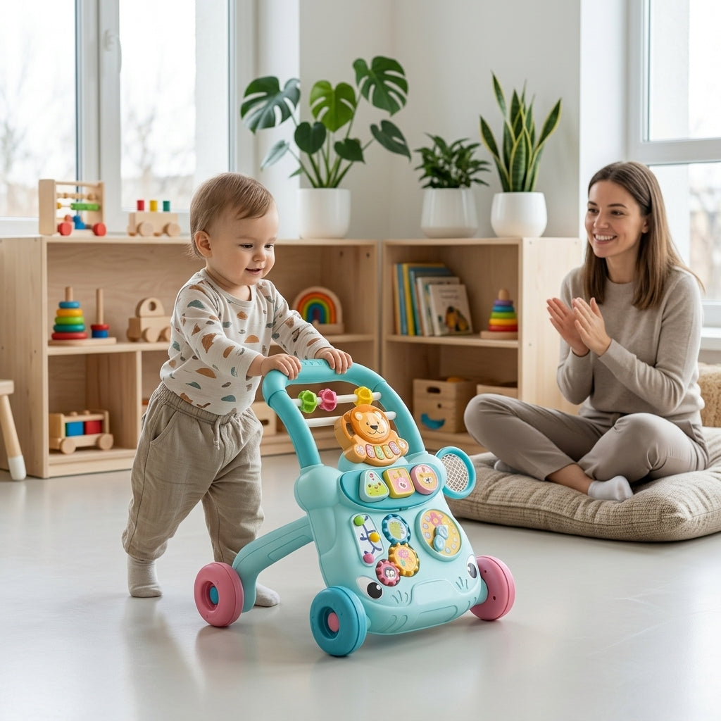 Bebi guralica u jaslicama dok dete samostalno hoda uz igračku