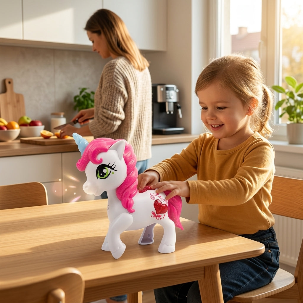 Interaktivni UNICORN-TALK na trpezarijskom stolu u kuhinji tokom jutarnje igre devojčice
