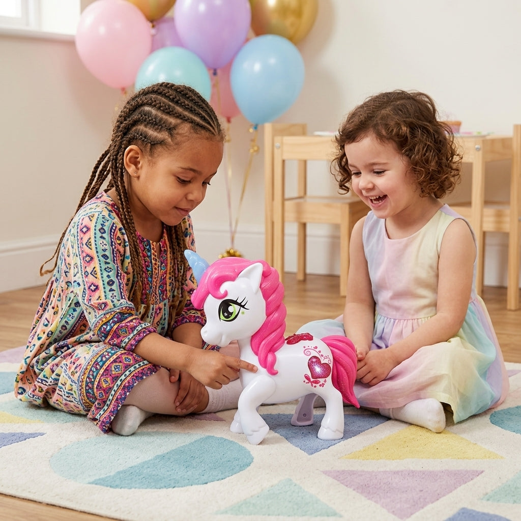 Interaktivni UNICORN-TALK na podu među decom na rođendanskoj proslavi