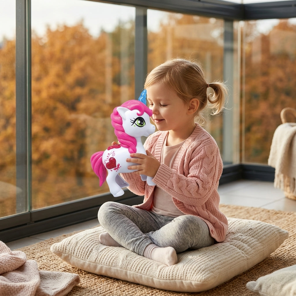 Interaktivni UNICORN-TALK u krilu devojčice na osunčanoj terasi stana