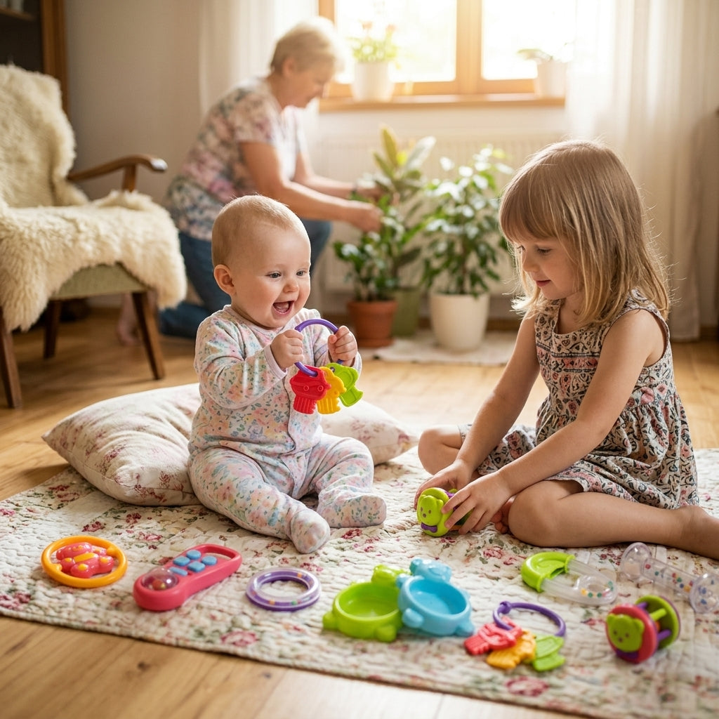 Zvečke za bebe miks na prostirci dok se beba i brat igraju kod bake