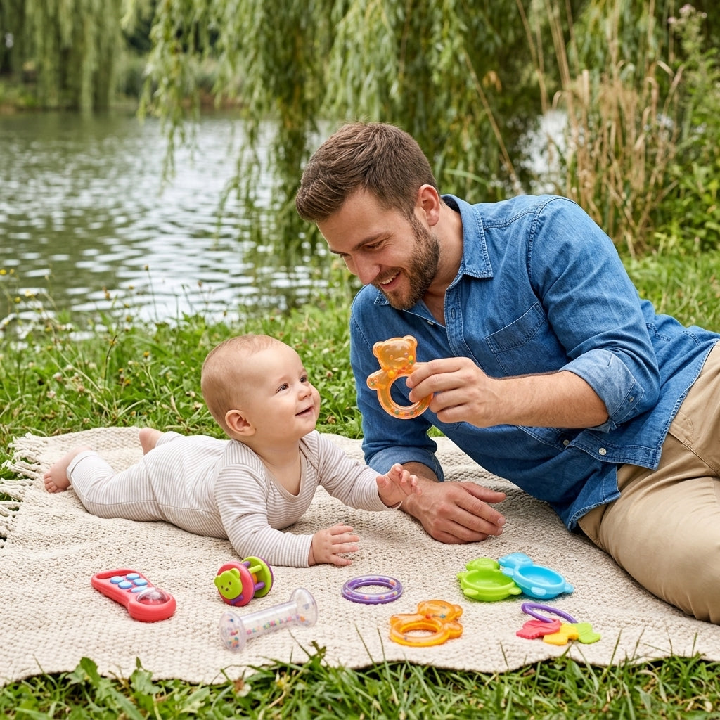 Zvečke za bebe miks na piknik ćebetu pored reke u prirodi