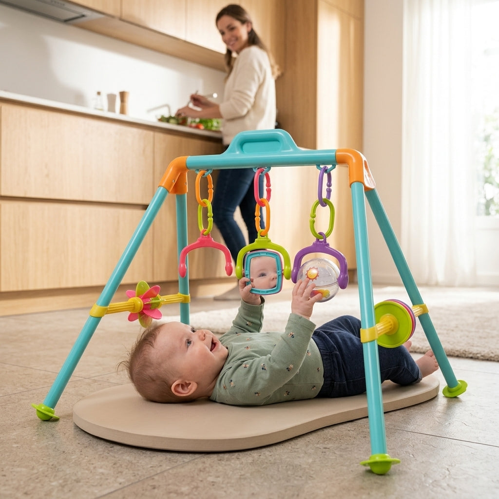 Zvečke za bebe na podnoj prostirci u kuhinji dok se beba zabavlja