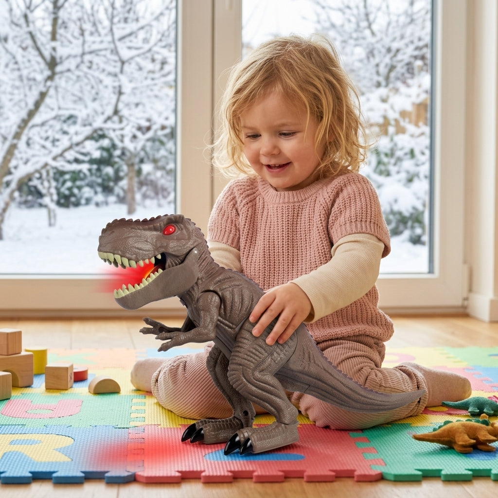 Igračka T-Rex sa zvukom i svetlom u rukama devojčice na podu dečije sobe