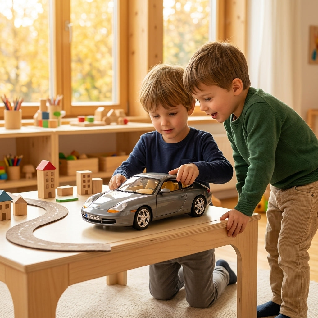Metalni autić Porsche 911 1:18 na dečijem stolu u vrtiću