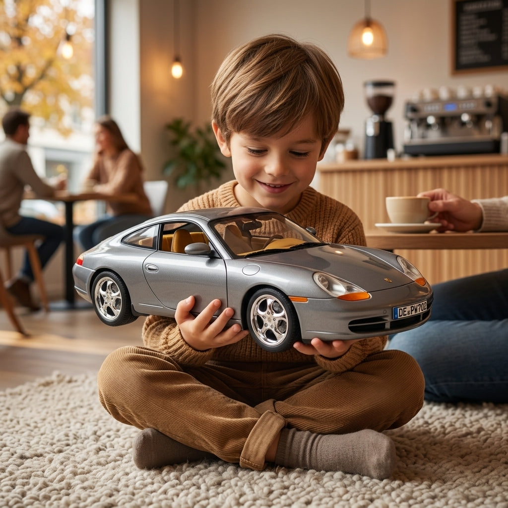 Metalni autić Porsche 911 1:18 u rukama dečaka u dečijem kutku kafića