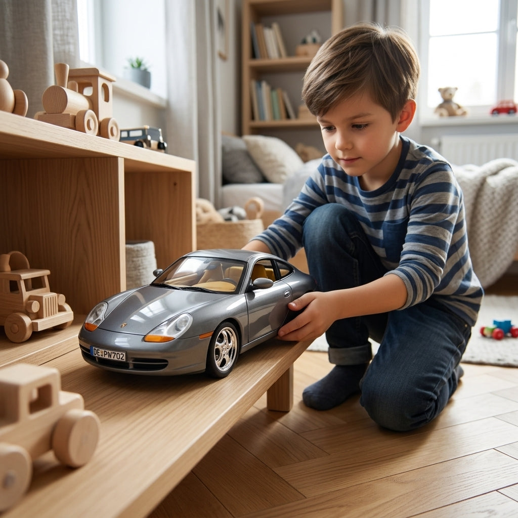 Metalni autić Porsche 911 1:18 parkiran na polici u dečijoj sobi