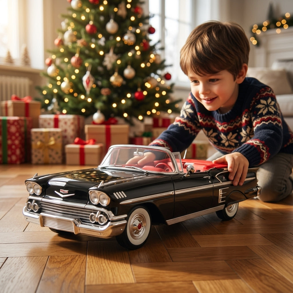 Metalni autić Chevrolet Impala 1958 1:18 dečak vozi pored novogodišnje jelke