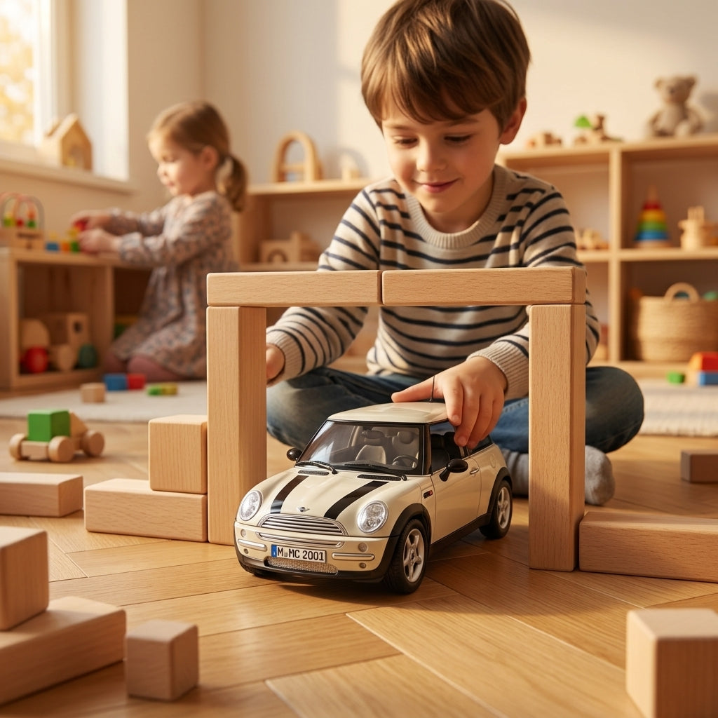 Metalni autić Mini Cooper 1:18 na podu vrtića dok se dečak igra