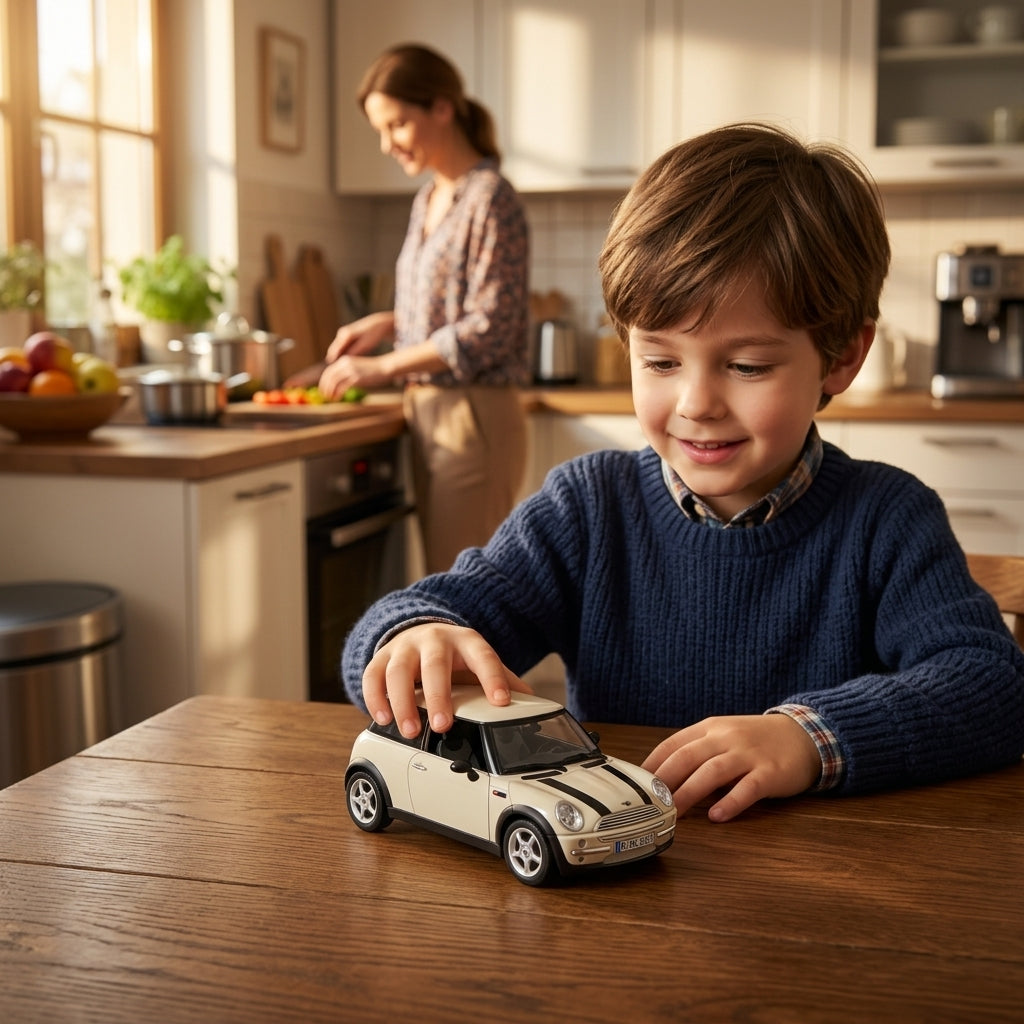 Metalni autić Mini Cooper 1:18 na kuhinjskom stolu tokom dečje igre