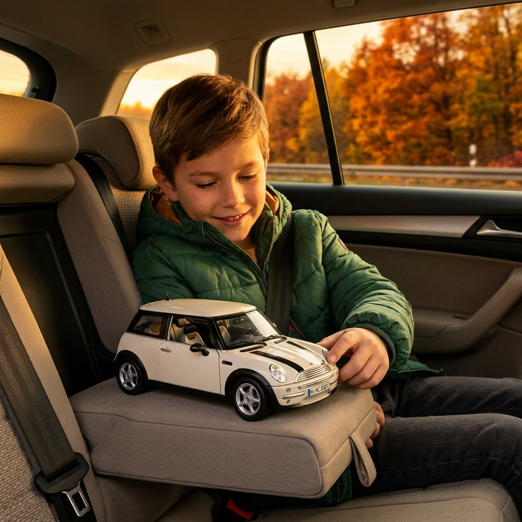Metalni autić Mini Cooper 1:18 u rukama dečaka na zadnjem sedištu automobila