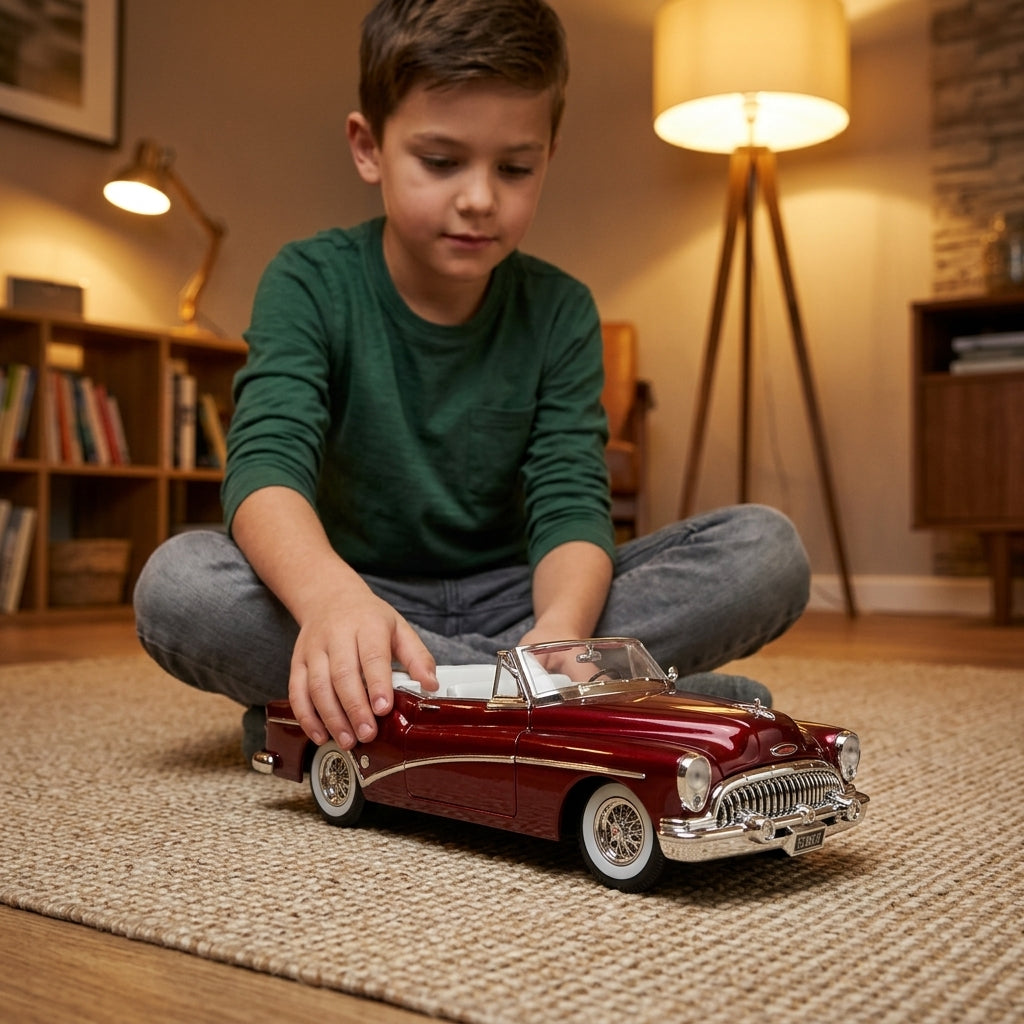 Metalni autić Buick Skylark na tepihu u sobi osvetljenoj toplim lampama