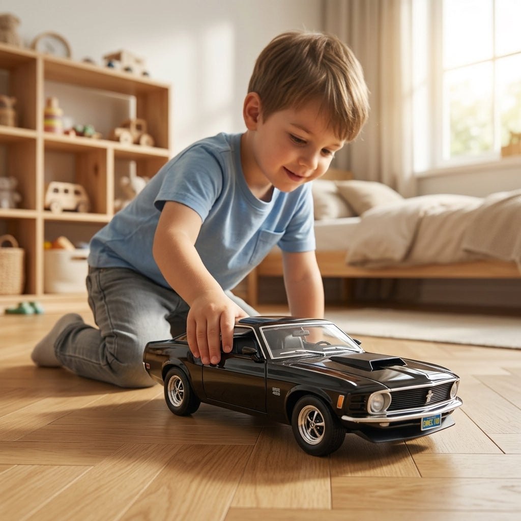 Metalni autić Ford Mustang crne boje na parketu dečje sobe tokom samostalne igre