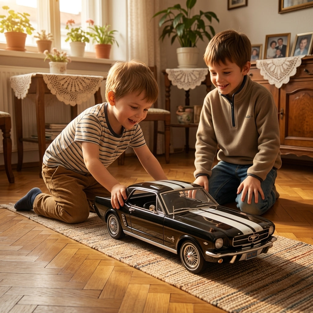 Metalni autić Ford Mustang 35 cm na parketu u bakinoj sobi dok se dečaci igraju
