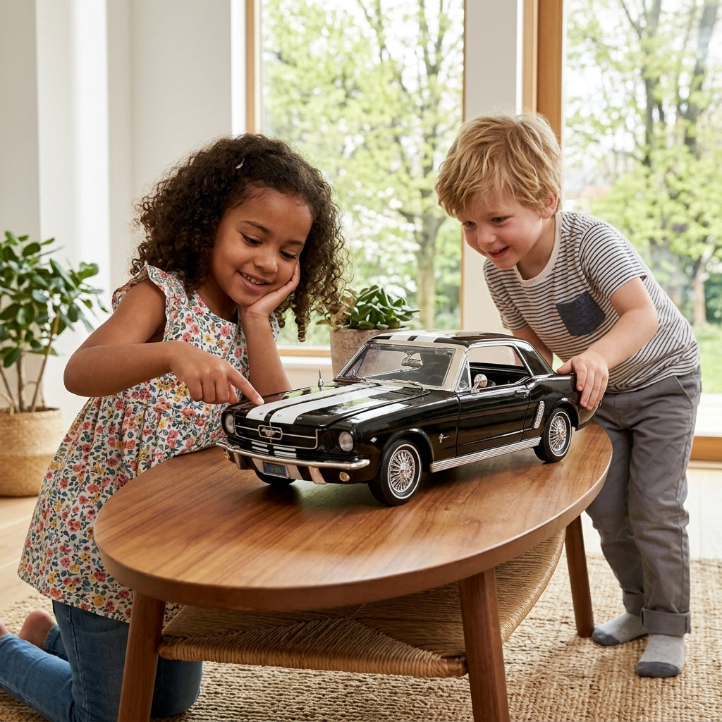 Metalni autić Ford Mustang 35 cm na stočiću za kafu tokom dečije igre