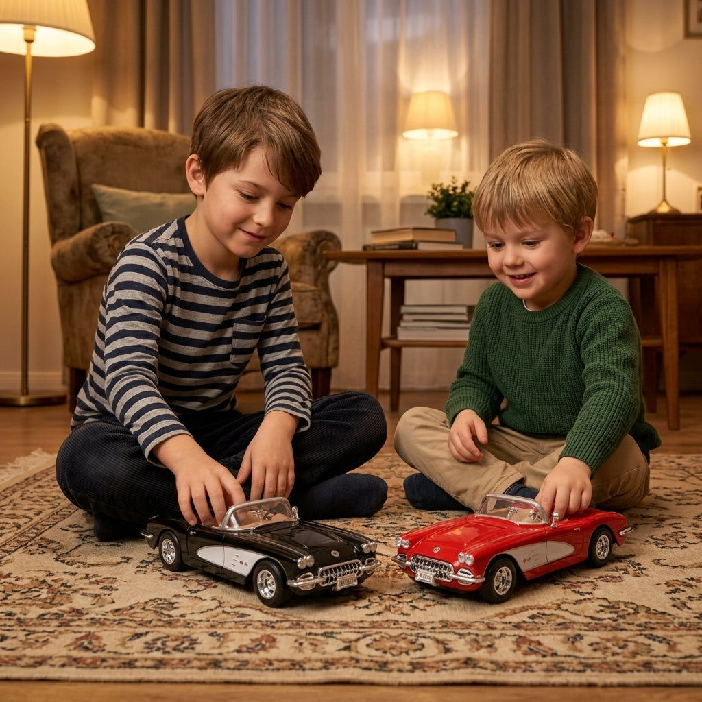 Metalni autić Chevrolet Corvette 1959 1:24 na tepihu u dnevnoj sobi tokom dečje igre