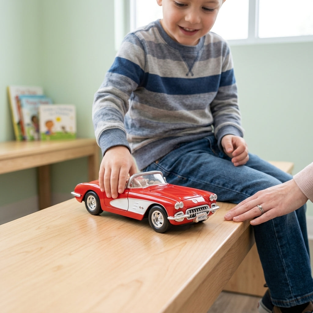 Metalni autić Chevrolet Corvette 1959 1:24 na drvenoj klupi u čekaonici ordinacije