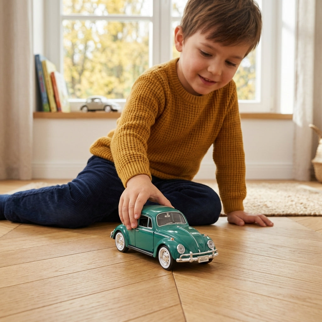 Metalni autić Volkswagen Buba 1966 1:24 u dečijoj sobi na podu tokom jutarnje igre