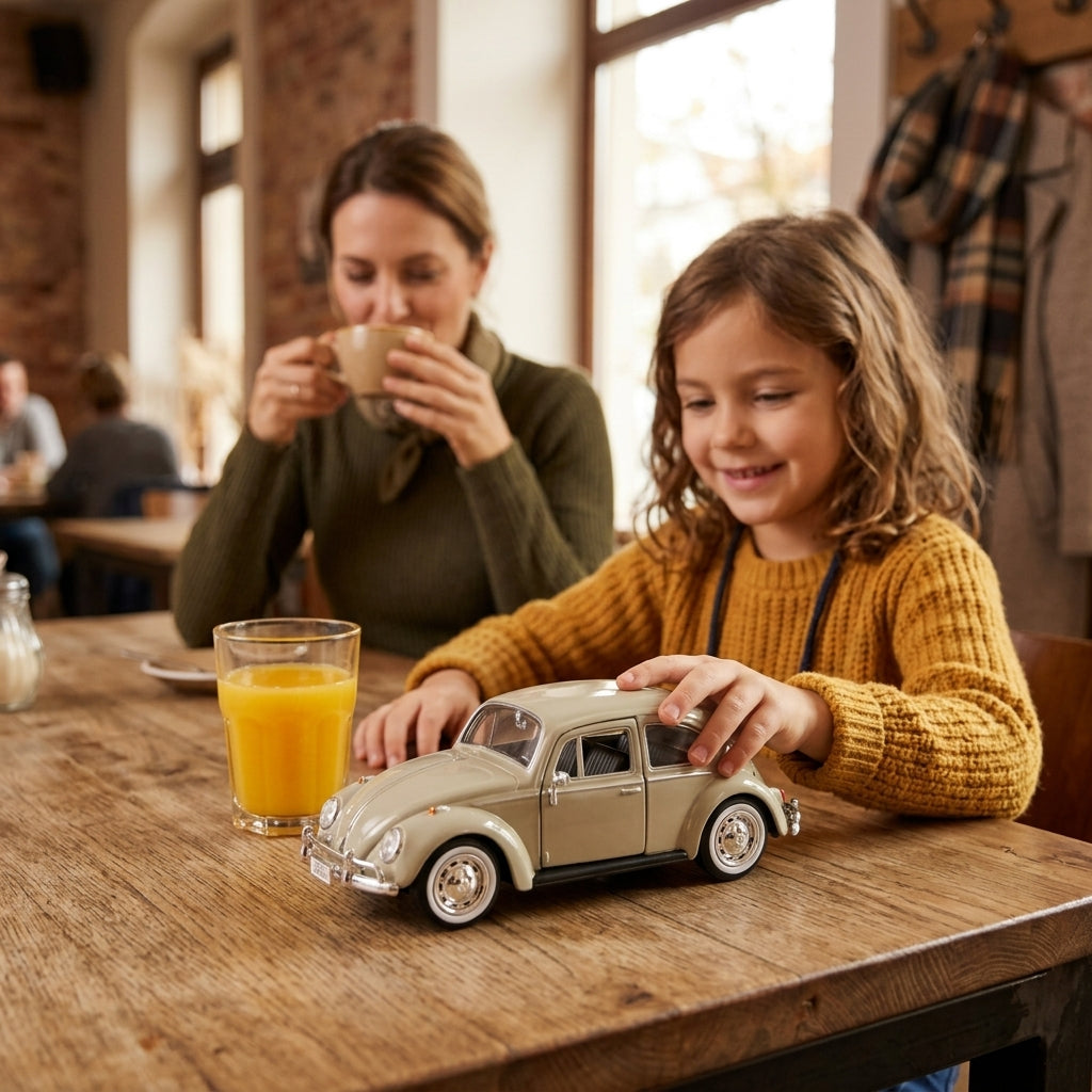 Metalni autić Volkswagen Buba 1966 1:24 na drvenom stolu u kafiću tokom čekanja hrane
