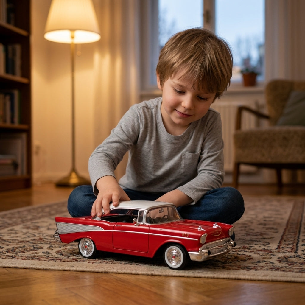 Metalni autić Chevy 24 cm na tepihu u toploj sobi tokom zimske večeri
