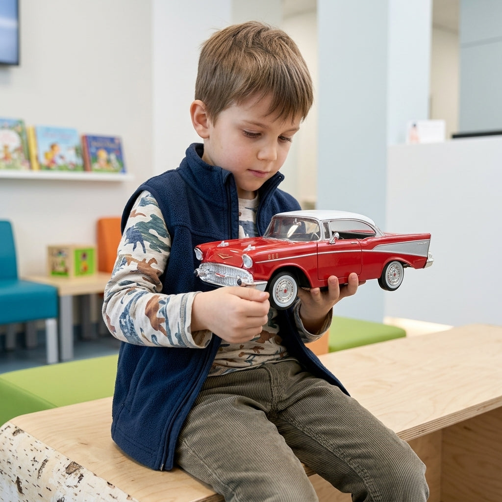 Metalni autić Chevy 24 cm u rukama dečaka u čekaonici
