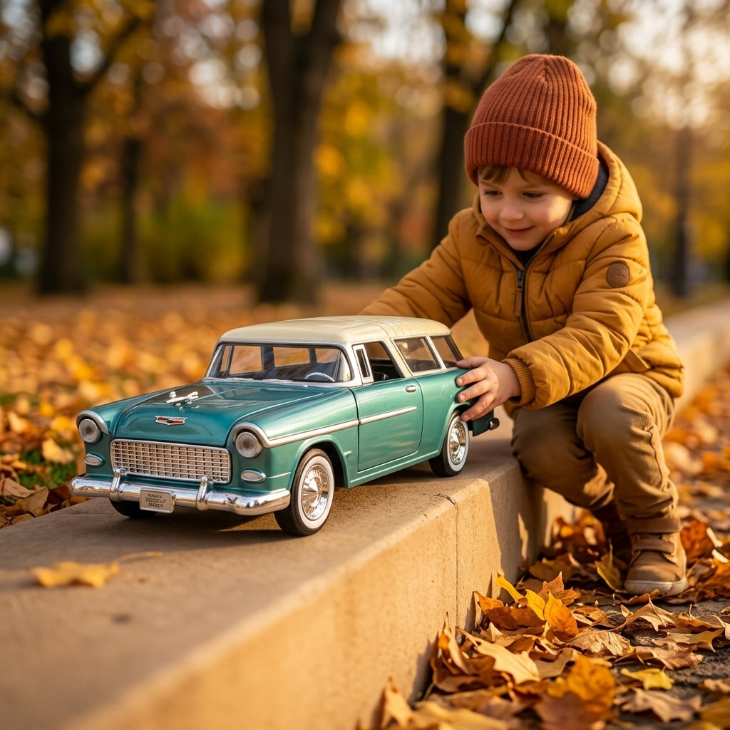 Metalni autić Chevrolet Bel Air Nomad 1:24 na kamenom zidiću u parku među jesenjim lišćem