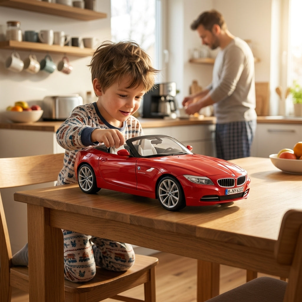 Metalni autić BMW Z4 1:24 na drvenom trpezarijskom stolu u kuhinji tokom jutarnje igre