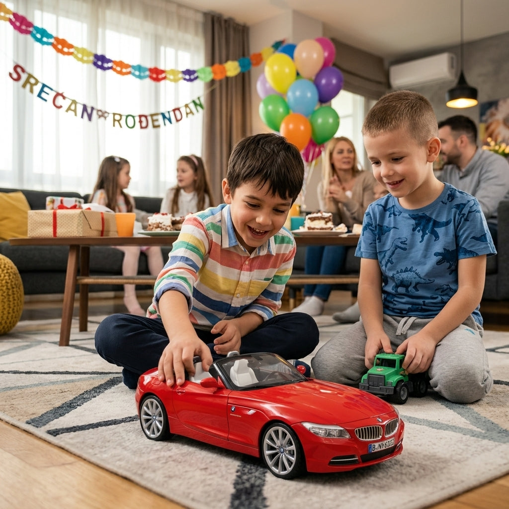Metalni autić BMW Z4 1:24 u igri dva dečaka na tepihu tokom rođendanske proslave