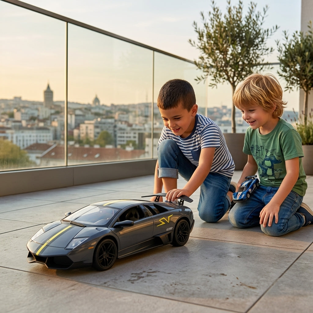 Metalni autić Lamborghini Murciélago 1:24 u igri trkanja na prostranoj sunčanoj terasi