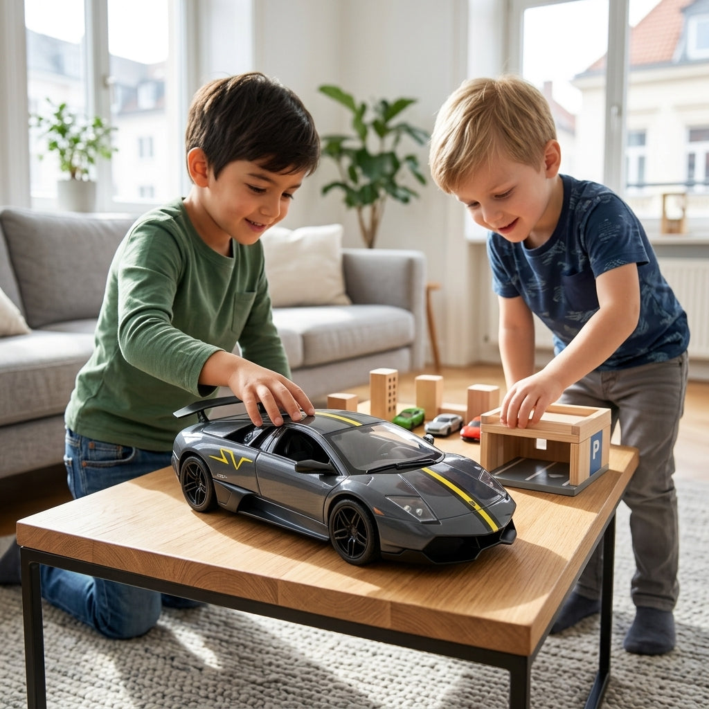 Metalni autić Lamborghini Murciélago 1:24 na drvenom dečijem stočiću tokom druženja sa drugarima