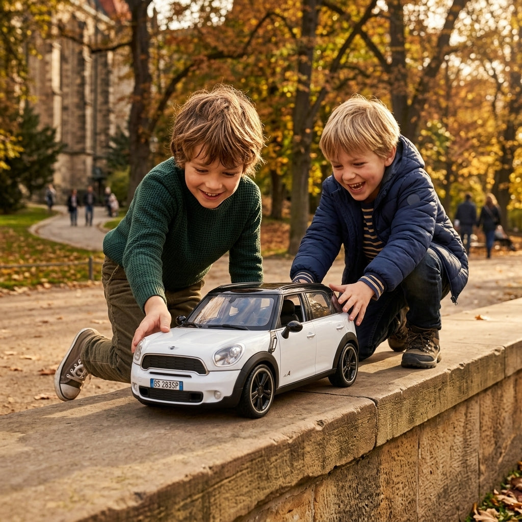 Metalni autić Mini Cooper S Countryman 1:24 na betonskoj ivici u gradskom parku