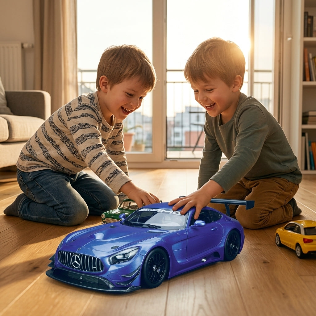Metalni autić Mercedes-AMG GT3 1:24 u trci sa drugim modelima na podu dnevne sobe