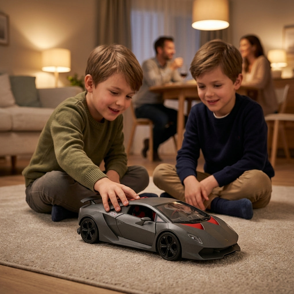 Metalni autić Lamborghini Sesto Elemento 1:24 u igri dva dečaka na podu dnevne sobe tokom posete prijateljima