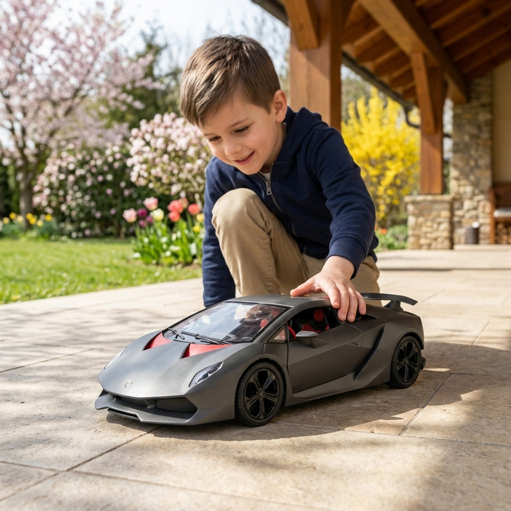Metalni autić Lamborghini Sesto Elemento 1:24 na popločanoj terasi vikendice u proleće