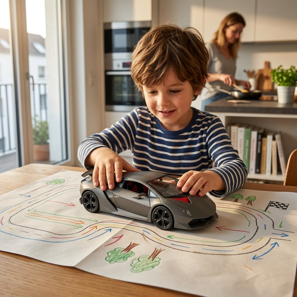 Metalni autić Lamborghini Sesto Elemento 1:24 na drvenom trpezarijskom stolu dok majka kuva u kuhinji