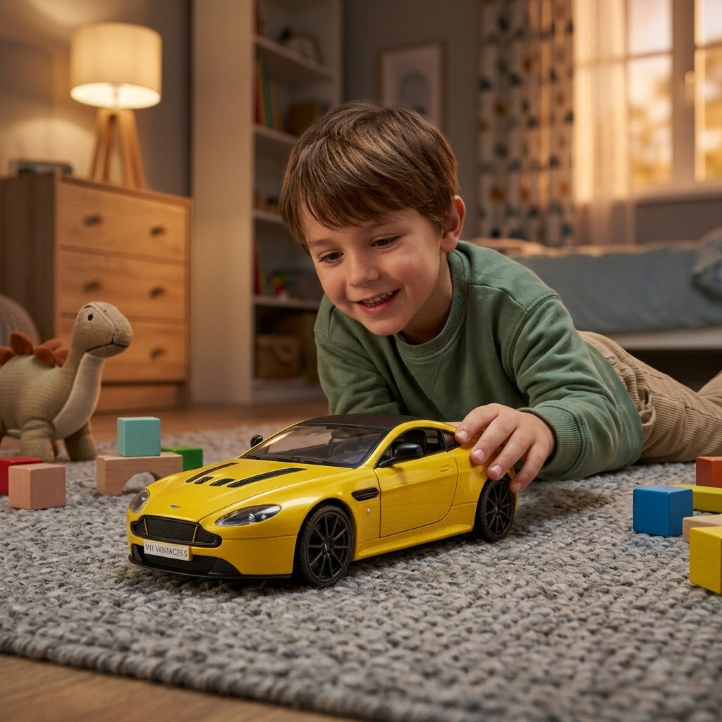 Metalni autić Aston Martin V12 Vantage S 2013 1:24 na tepihu dečije sobe uveče