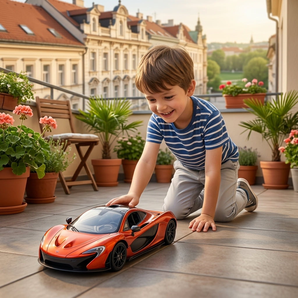 Metalni autić McLaren P1 1:24 na sunčanoj terasi stana tokom dečje igre